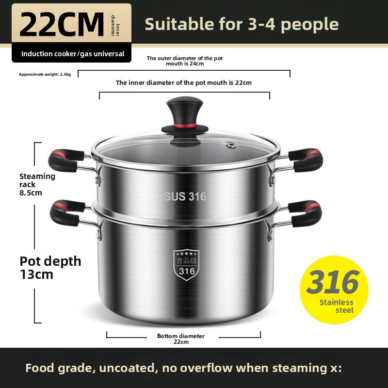 Premium 316 Stainless Steel Stock Pot With Glass Lid | Induction & Gas Compatible Deep Soup Cooker | Thickened Multi-Size Cooking Pot
