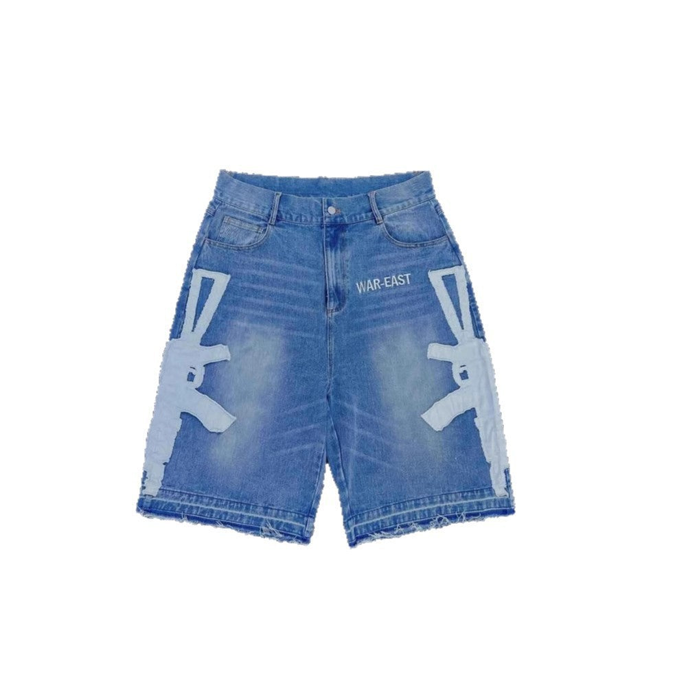 Retro Washed Denim Hip-Hop Shorts