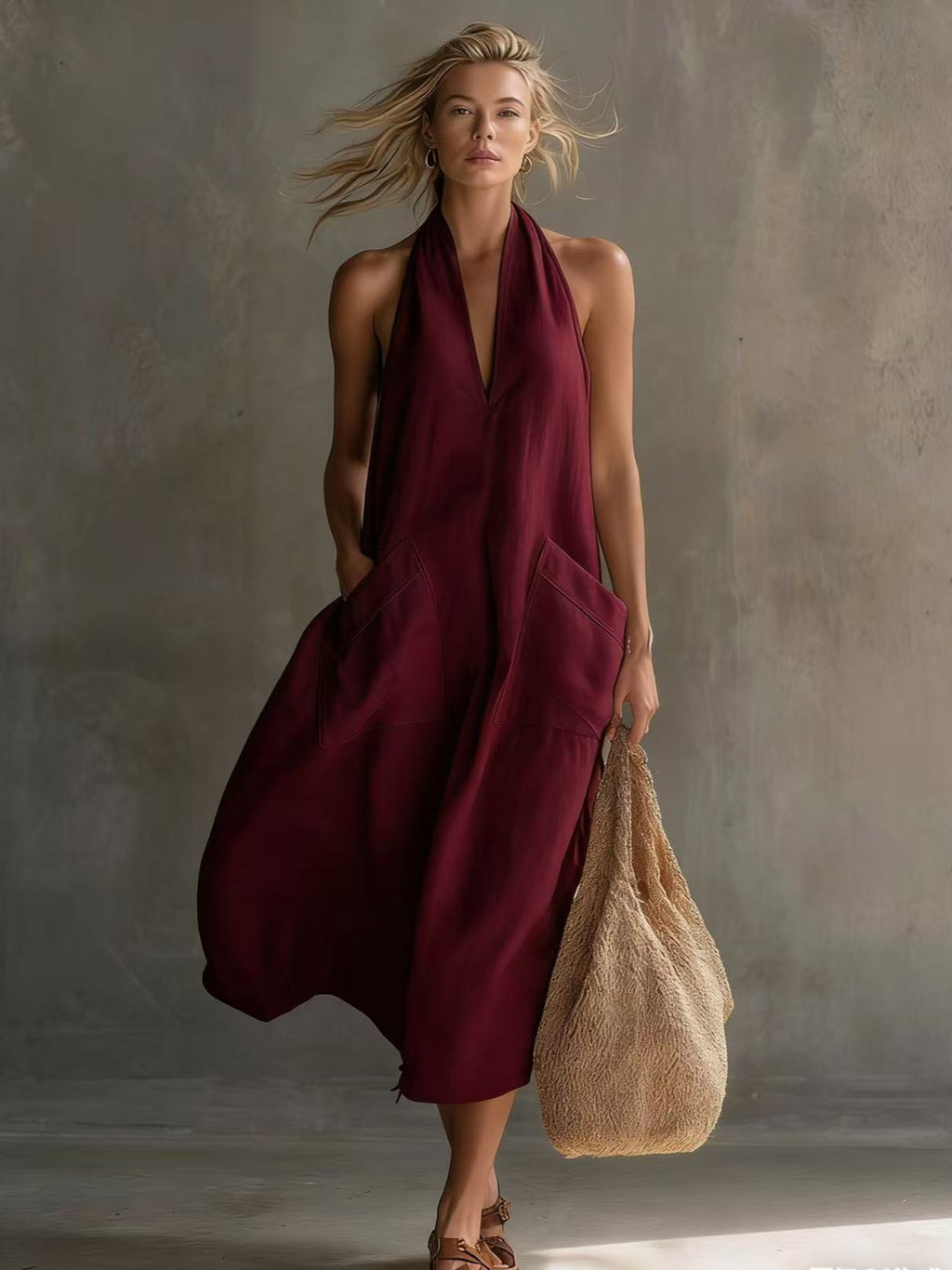 Vintage V-Neck A-Line Dress with Pockets