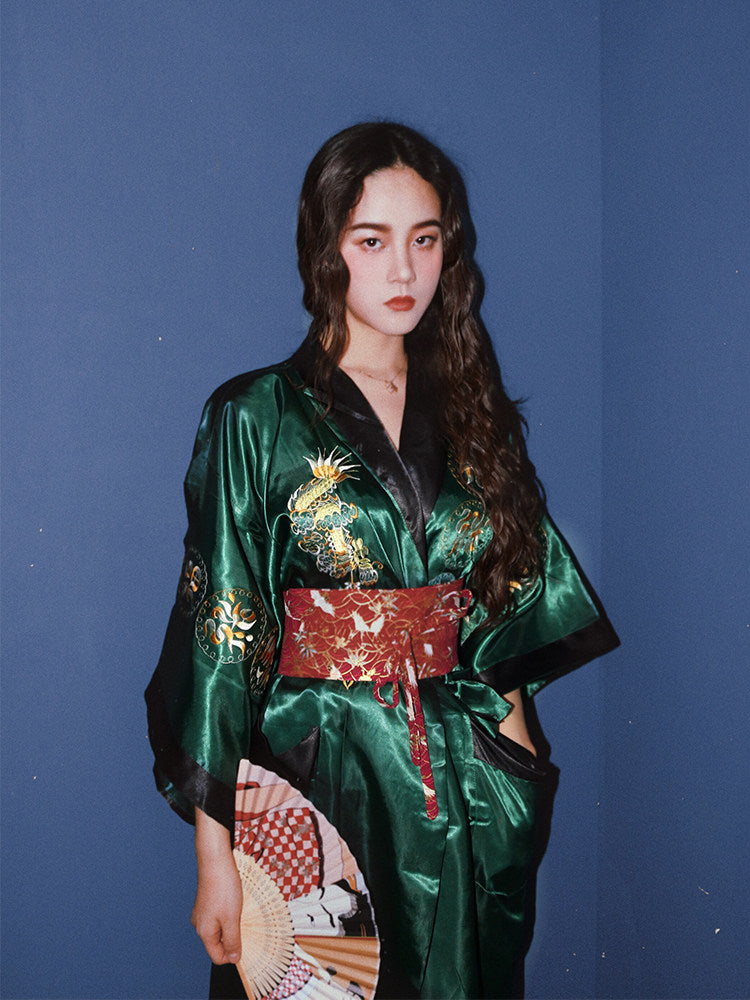 Silk-like Kimono Pajama Set for Women