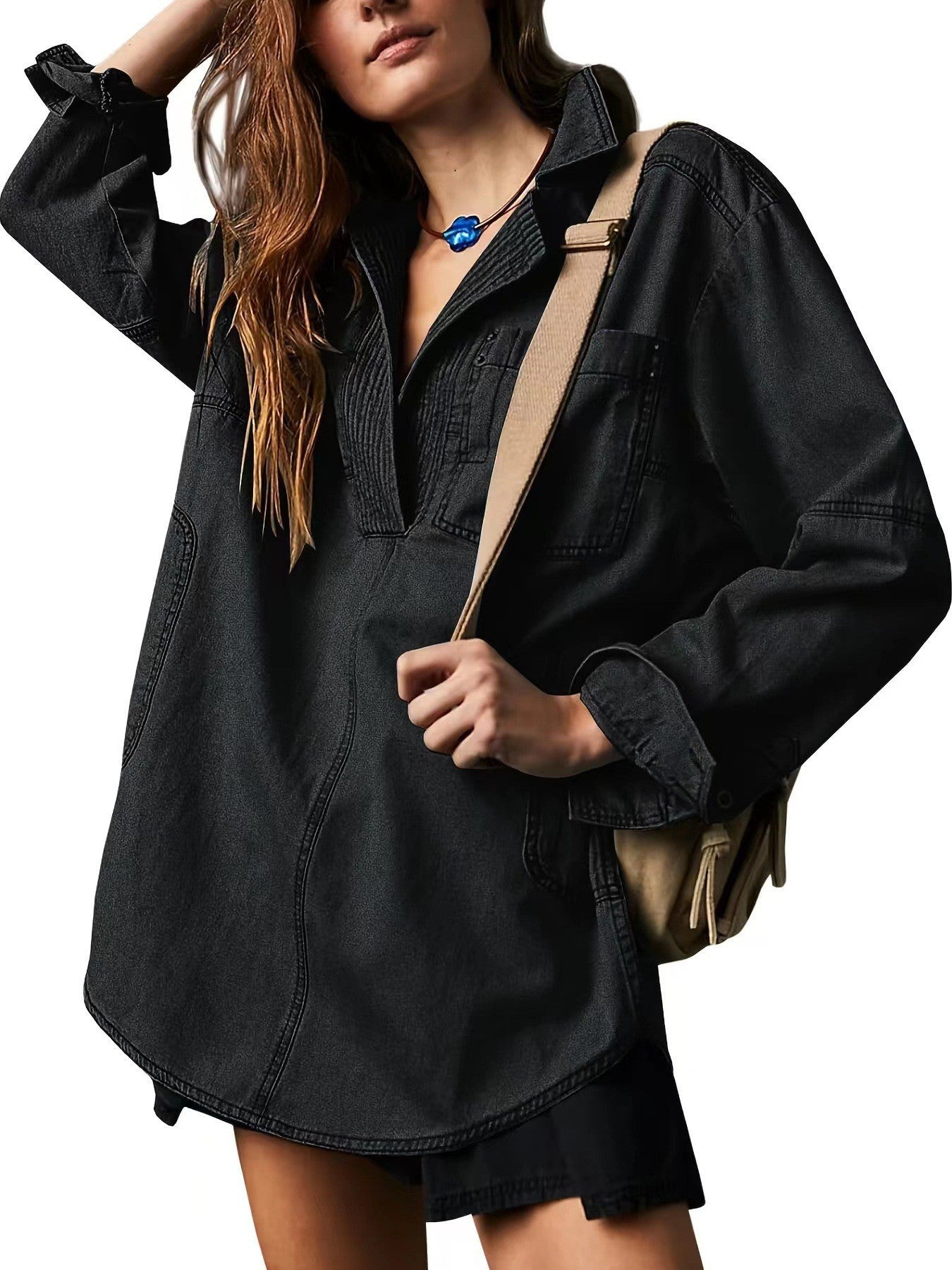 Sutton Oversized Denim Pullover Shacket- Loose Fit V-Neck Jean Shirt
