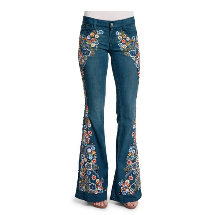 Women's Embroidered Flared Denim Pants