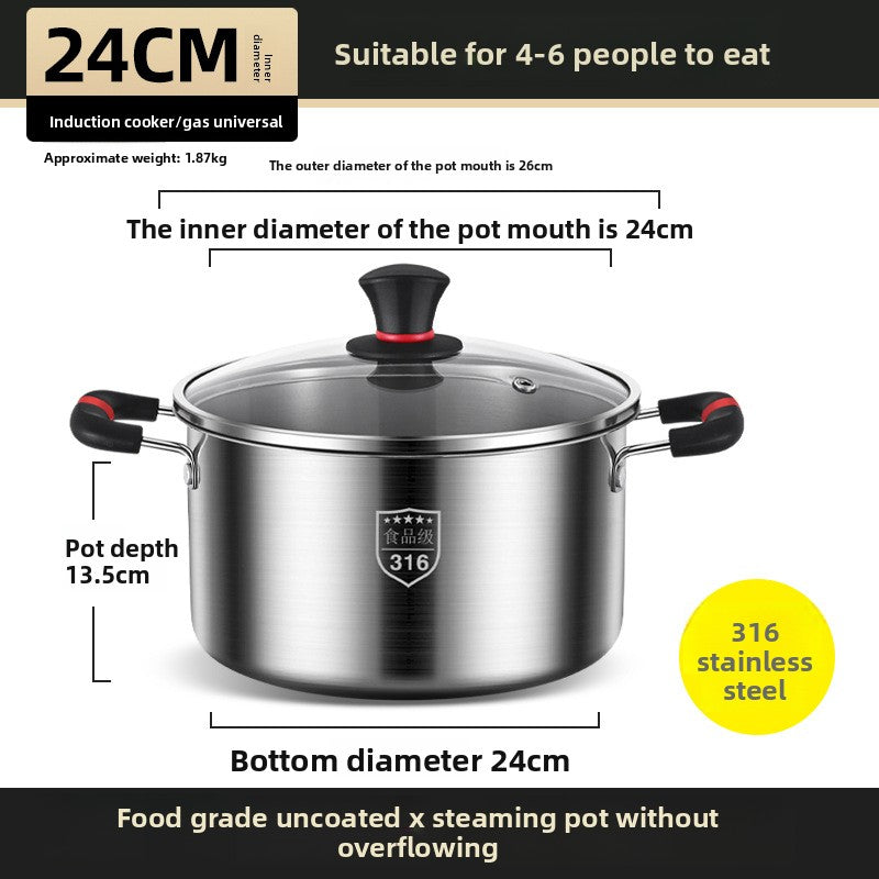 Premium 316 Stainless Steel Stock Pot With Glass Lid | Induction & Gas Compatible Deep Soup Cooker | Thickened Multi-Size Cooking Pot