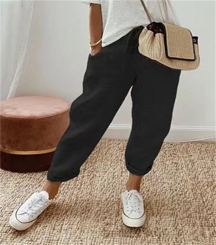 Womens Linen Blend Elastic Waist Casual Pants