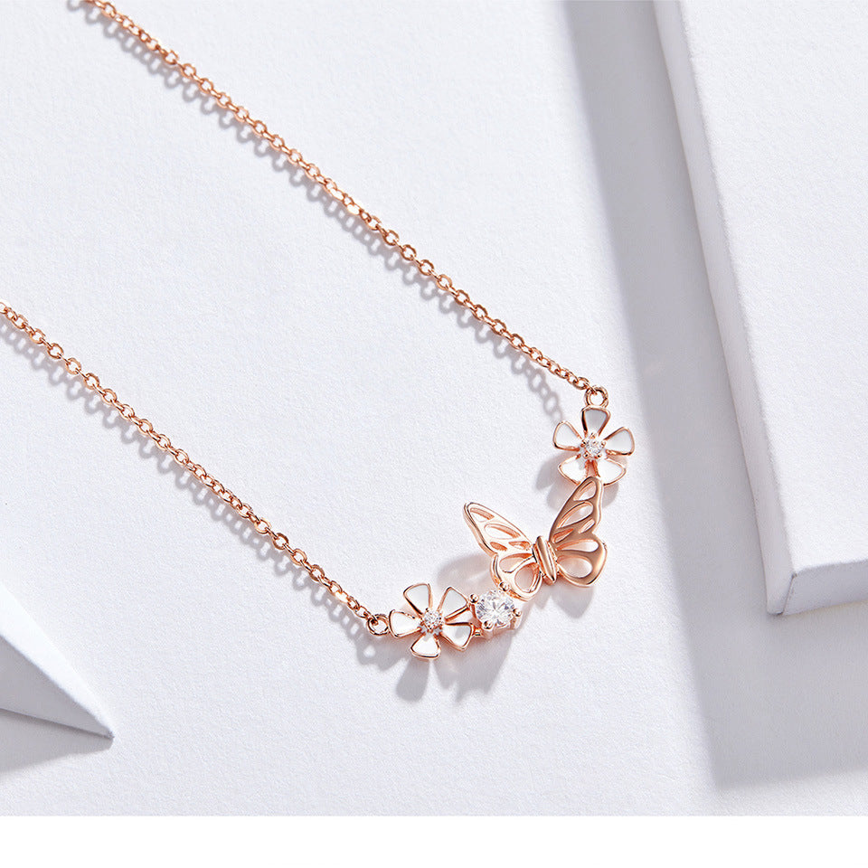 925 Sterling Silver Butterfly Flower Necklace-Dainty Floral Pendant Jewelry for Women