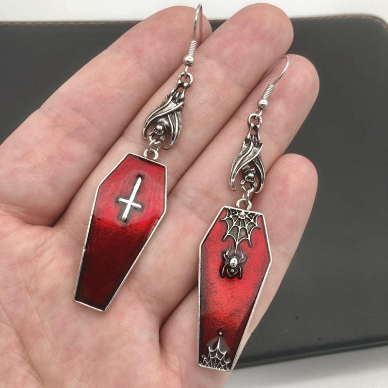 Gothic Bat Cross Red Oil Dropping Earrings