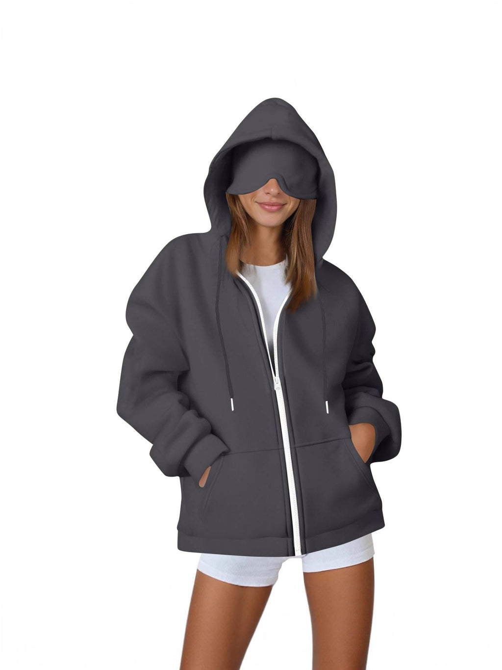 Womens Hooded Sweatshirt with Built-in Eye Mask