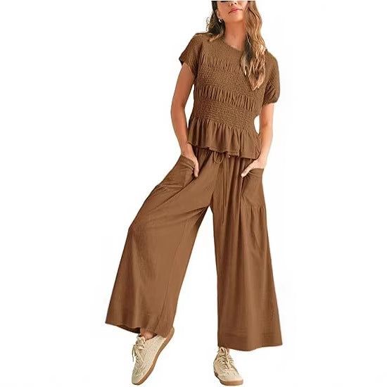 Casual Short Sleeve Top and Wide Leg Pants