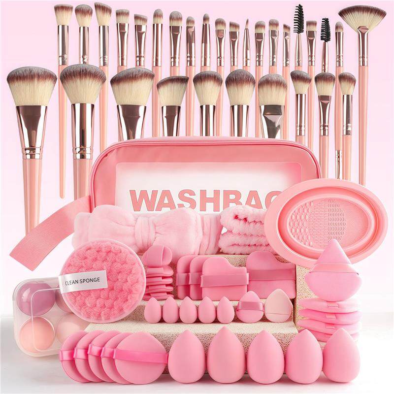 67-Piece Professional Makeup Brush & Powder Puff Set - Complete Luxury Cosmetics Tool Kit with Travel Case & Brush Roll for Contouring, Blending & Foundation