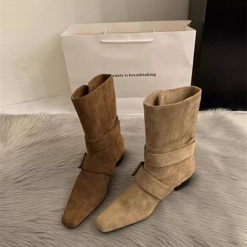 Retro Suede Square Toe Mid Calf Boots