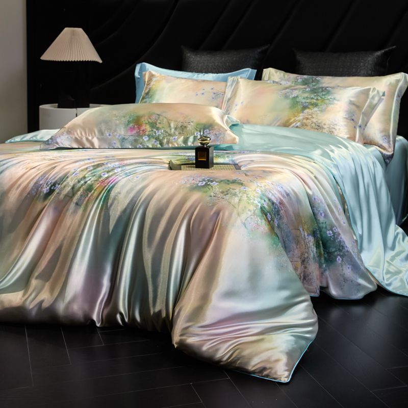 Heavy Weightweight 40mm Printed Silk Four-Piece Set Double-Sided Mulberry Silk Ice Silk Quilt Cover Naked Sleeping Fitted Bed Sheets Bedding