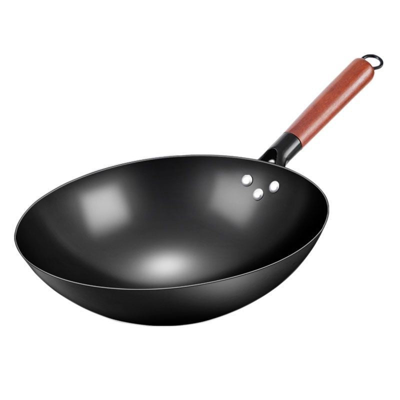Deep Nitrided Iron Wok with Wooden Handle | Uncoated Rust-Resistant Non-Stick Stir-Fry Pan | Heavy 3kg Round-Bottom Cookware