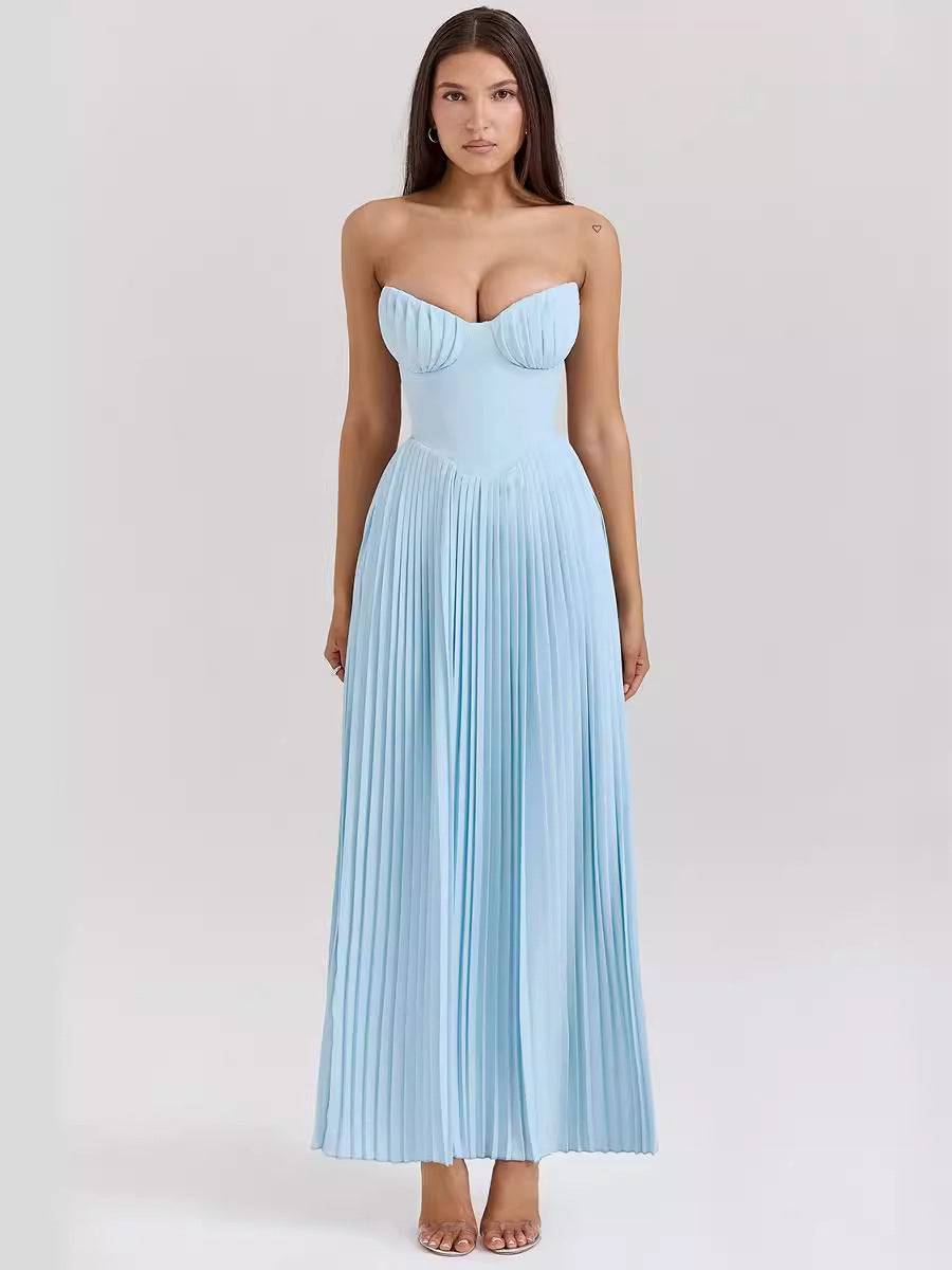 Aura Elegant Sleeveless Tube Top Maxi Dress - High Waist Pleated Summer Dress