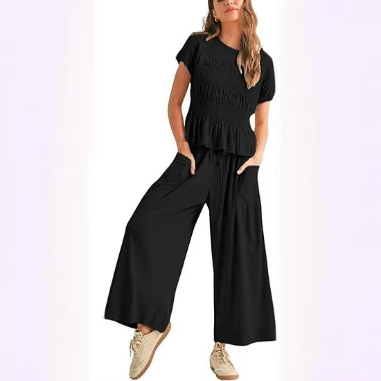 Casual Short Sleeve Top and Wide Leg Pants