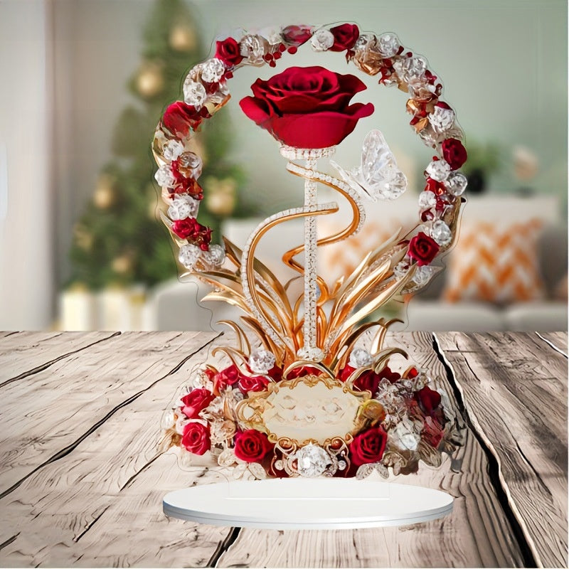 Elegant 2D Acrylic Rose Dest Ornament | Sleek Flat-Design Floral Keepsake