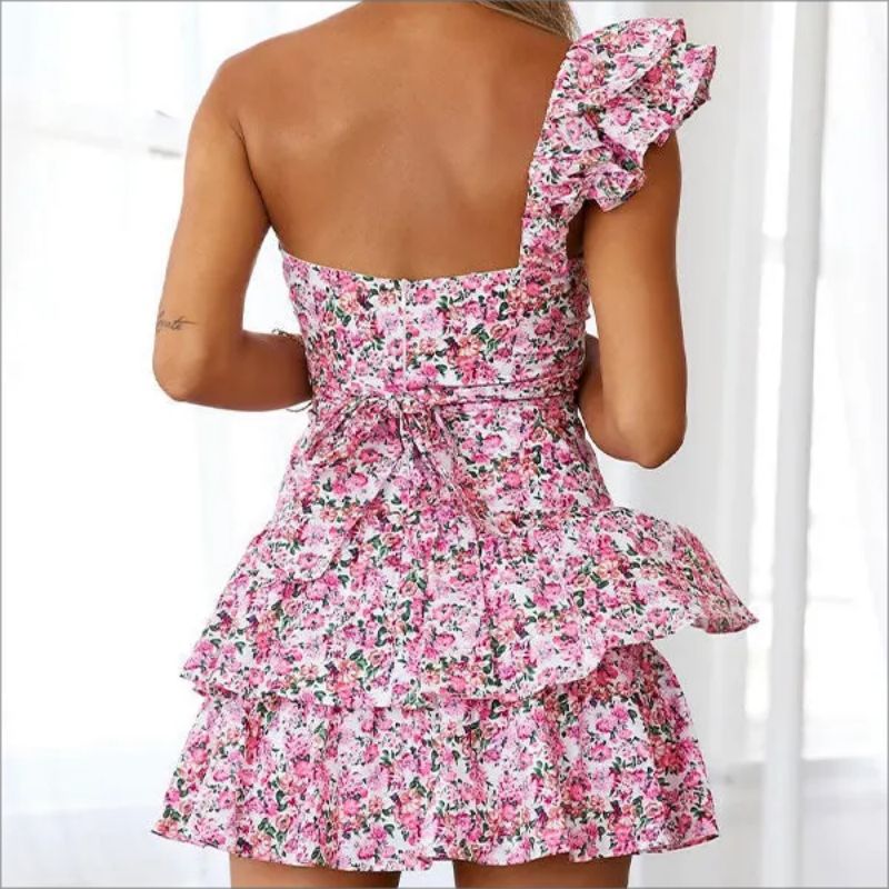 Floral Print One-Shoulder Dress