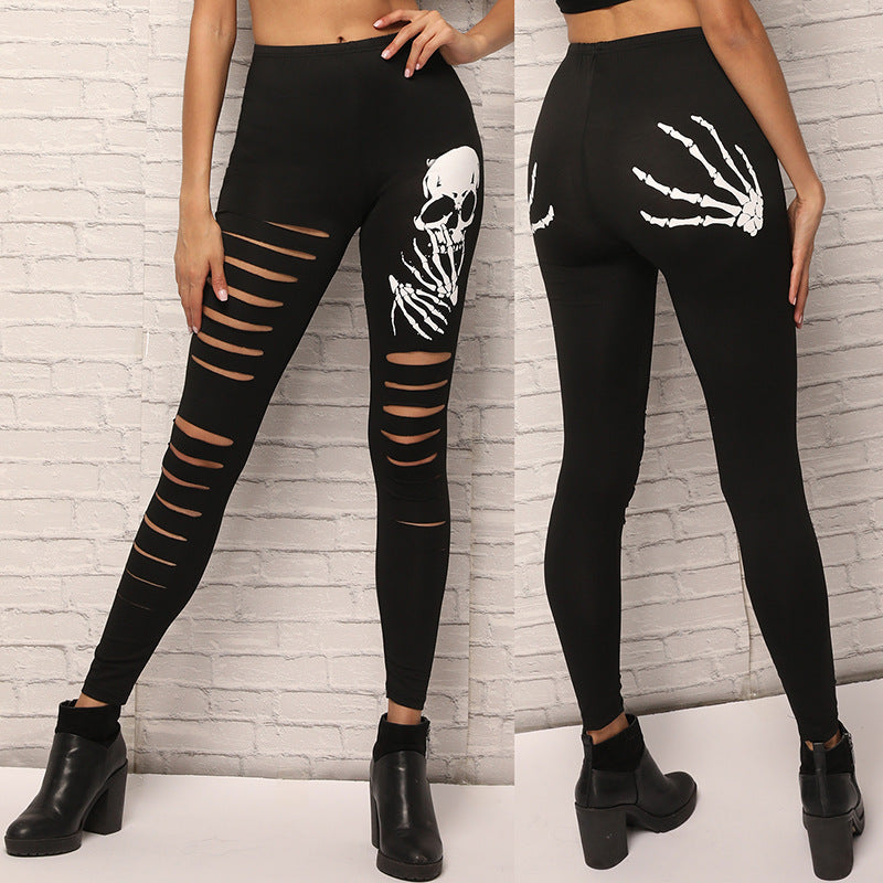 Womens Skull Pattern Ripped Leggings