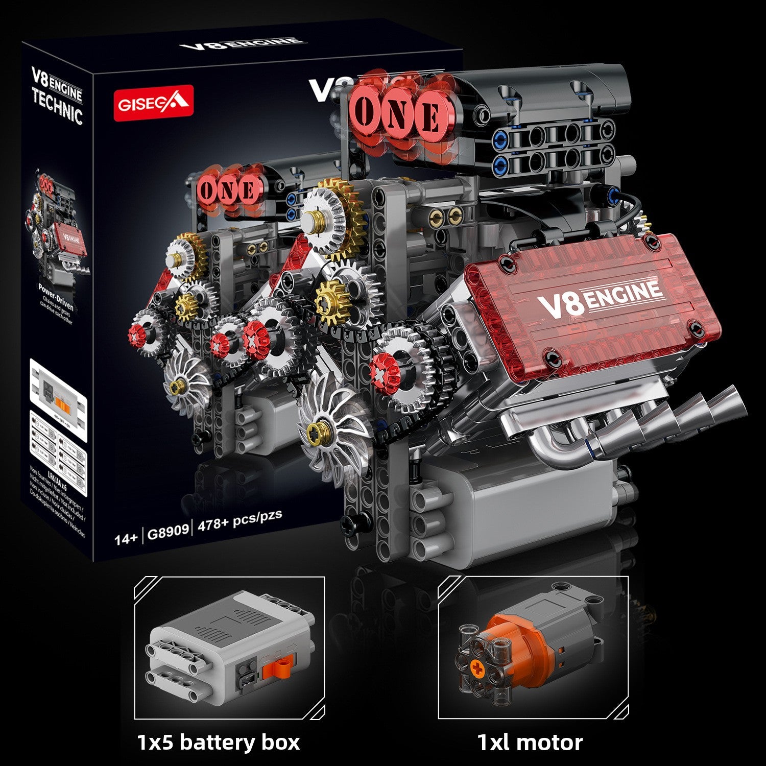 Motorize V8 Engine Mechanical Building Blocks set (800+Pcs)