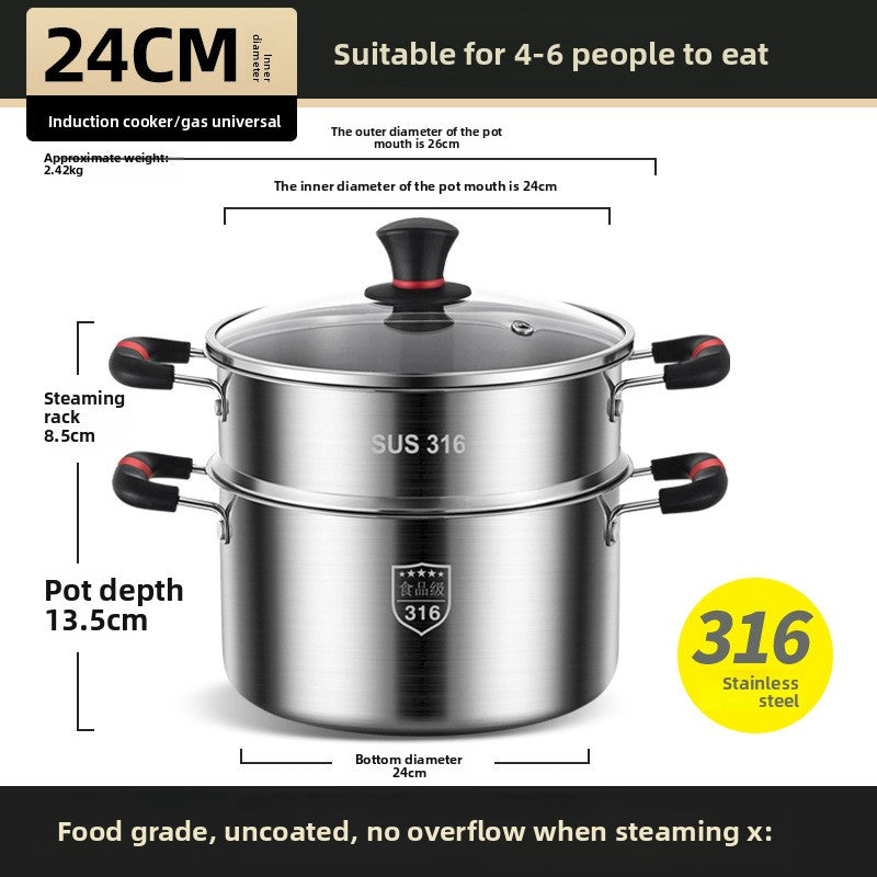 Premium 316 Stainless Steel Stock Pot With Glass Lid | Induction & Gas Compatible Deep Soup Cooker | Thickened Multi-Size Cooking Pot