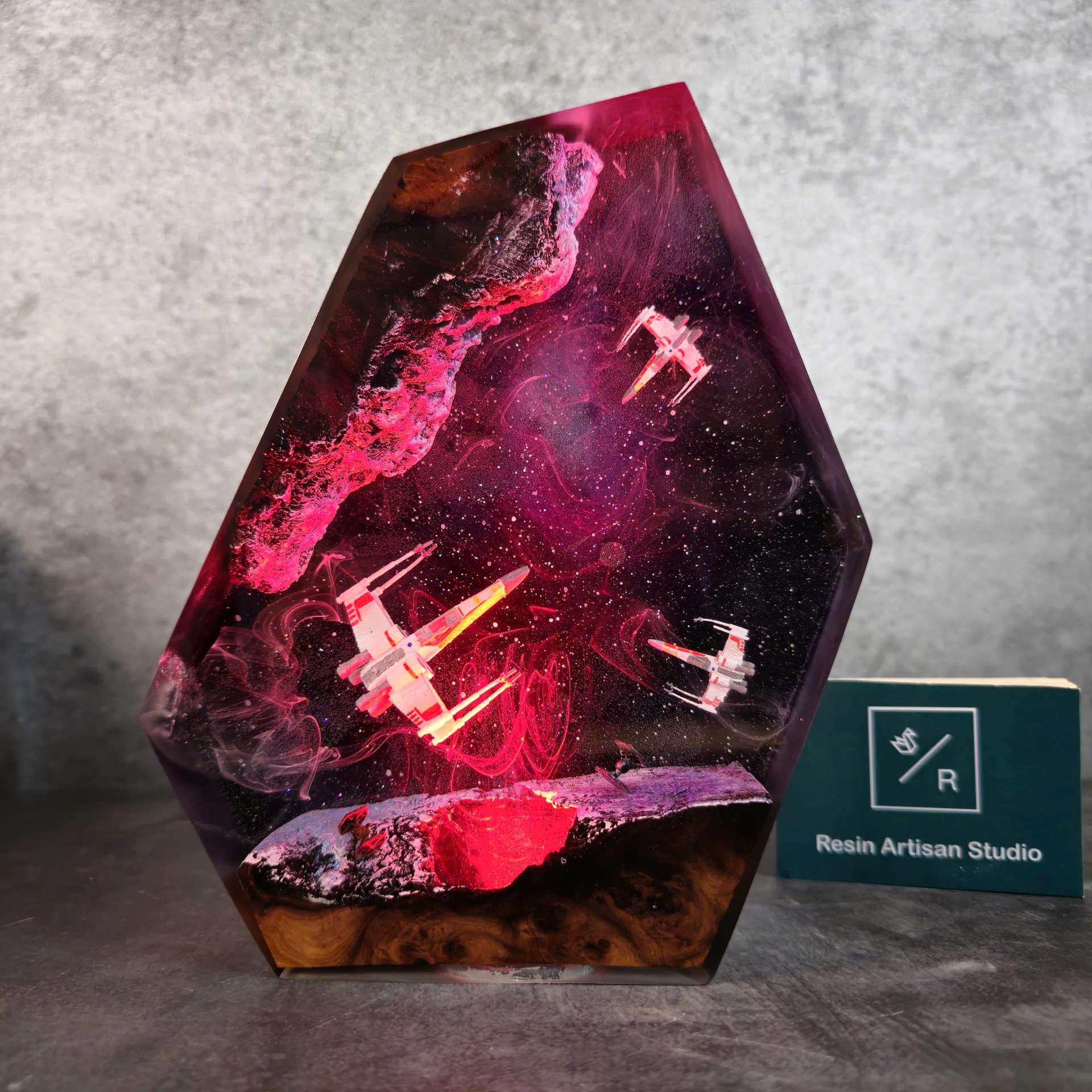 Handcrafted Artisan Galaxy Resin & Starship Diorama Lamp – Cosmic LED Ambient Night Light with Polished Resin Art & Multiple Size Options