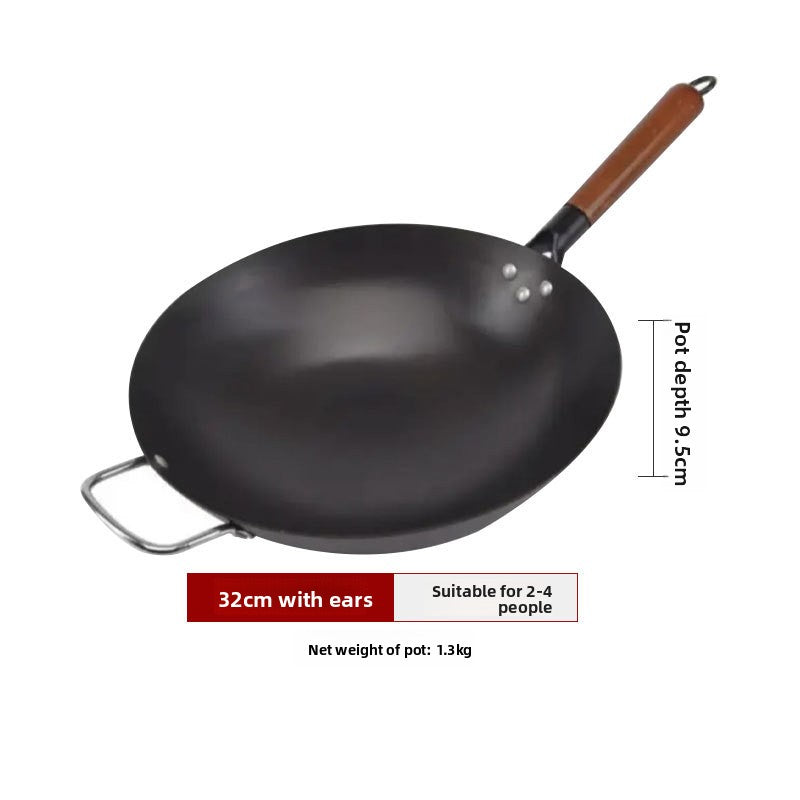 Deep Nitrided Iron Wok with Wooden Handle | Uncoated Rust-Resistant Non-Stick Stir-Fry Pan | Heavy 3kg Round-Bottom Cookware