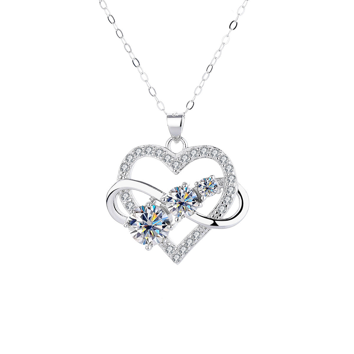 Infinity Heart Moissanite Pendant Necklace – S925 Sterling Silver, 1.6 Carat Gift for Her