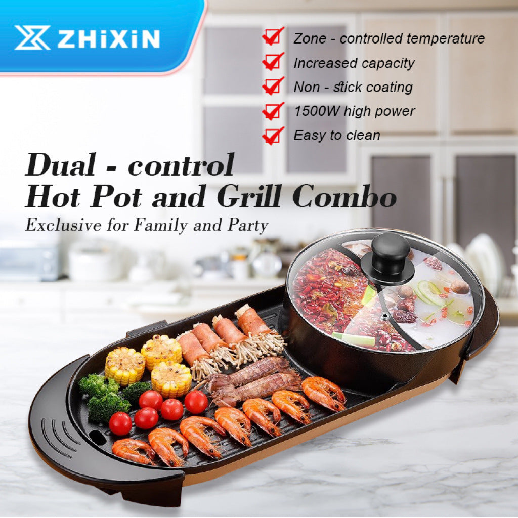 2-in-1 Electric Hot Pot And Grill Combo | 1350W Smokeless Indoor BBQ Shabu Shabu Pot | Dual Control Multi-Functional Cooker For 5-6 People