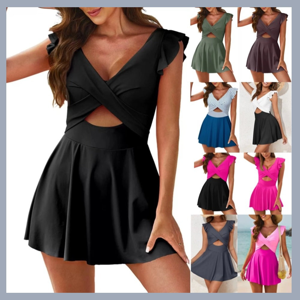 One-piece swimming suit with frilled cross-shaped skirt design