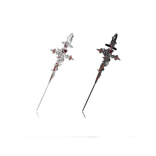 "Gothic Thorn Cross Drop Earrings and Necklaces – Geometric Floral Motif with Crystal Accents"