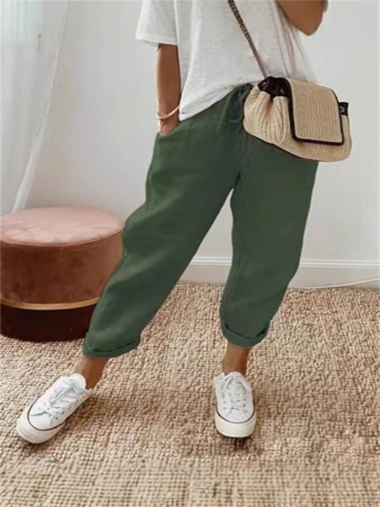 Womens Linen Blend Elastic Waist Casual Pants