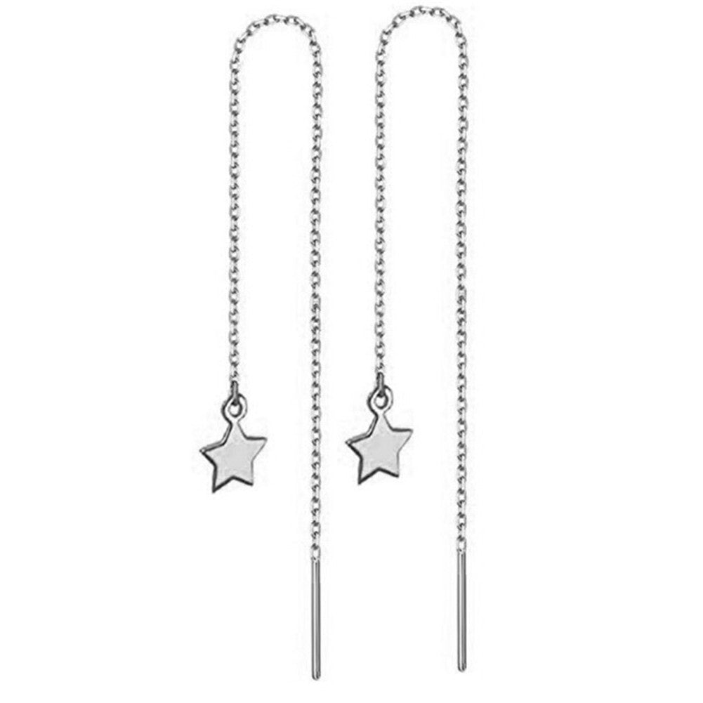 Stainless Steel Long Threader Earrings - Minimalist Star & Crystal Tassel Drop Jewelry