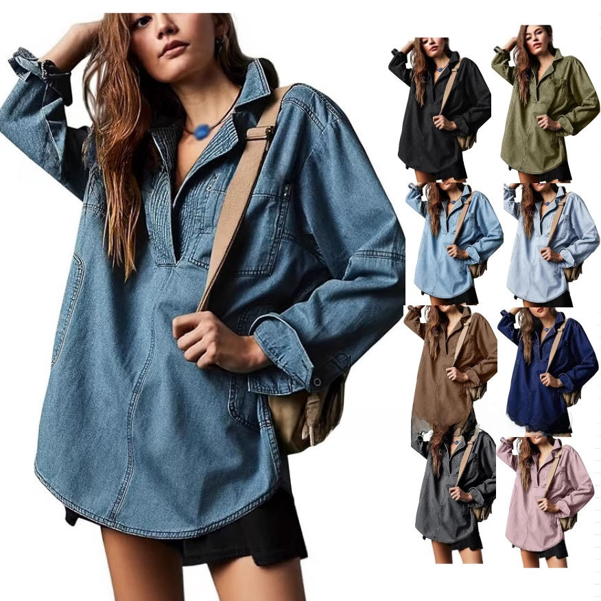 Sutton Oversized Denim Pullover Shacket- Loose Fit V-Neck Jean Shirt