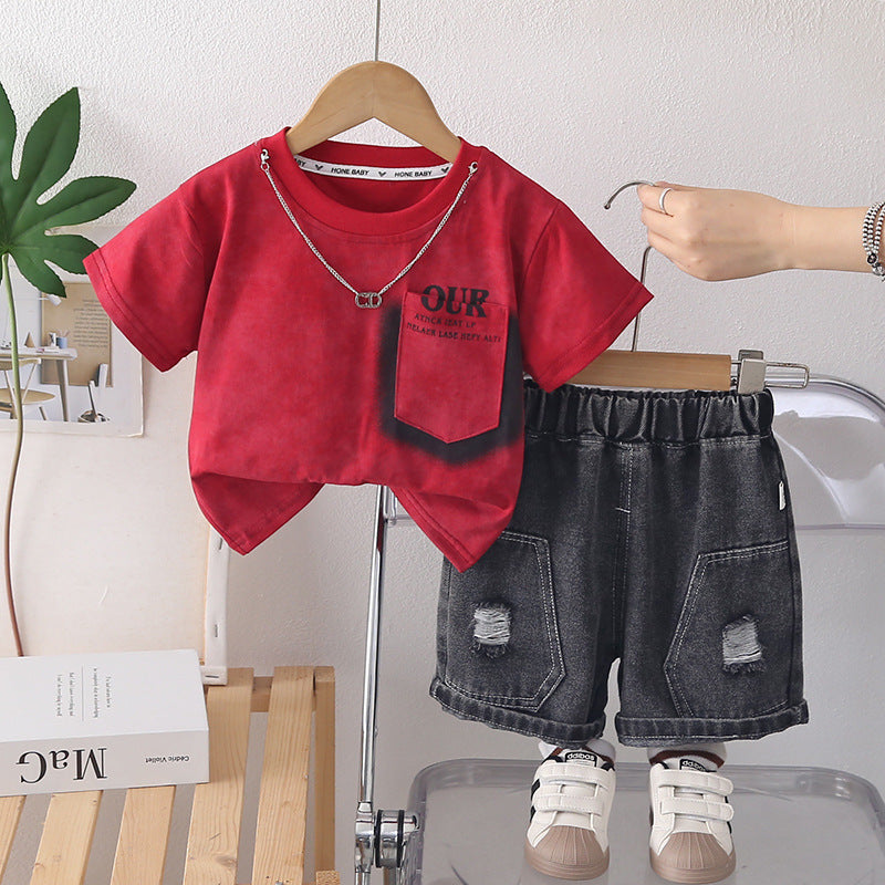 Toddler & Boys Letter Print 2-Piece Summer Clothes Set - Soft Cotton Short Sleeve Shirt & Shorts Matching Casual Outfit (Sizes 12M - 6T)