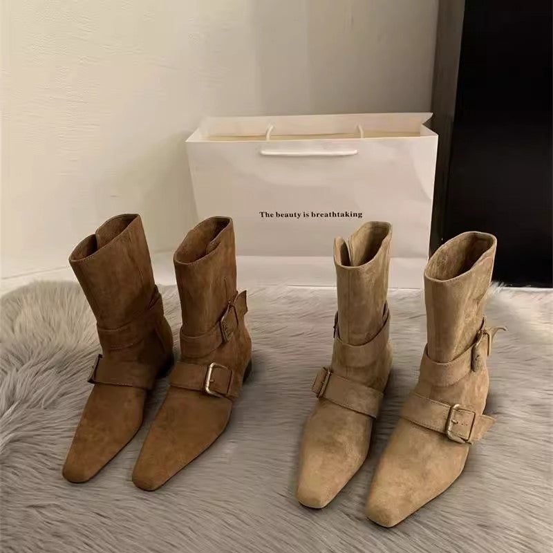 Retro Suede Square Toe Mid Calf Boots