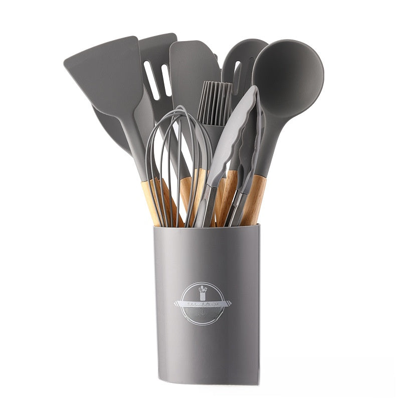 12-Piece Silicone Cooking Utensils Set with Holder - Non-Stick Heat-Resistant Kitchen Tools Kit with Natural Wooden Handles for Cooking & Baking
