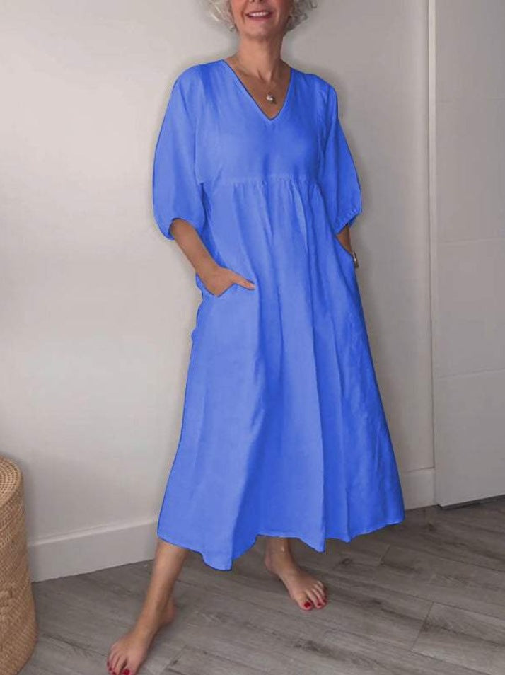Women's Cotton Linen V-Neck Pleated Pocket Dress
