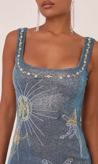 Celestial Aura 3D Embroidered Dress | High-Neck Sling Streetwear Mini