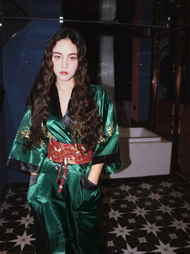 Silk-like Kimono Pajama Set for Women