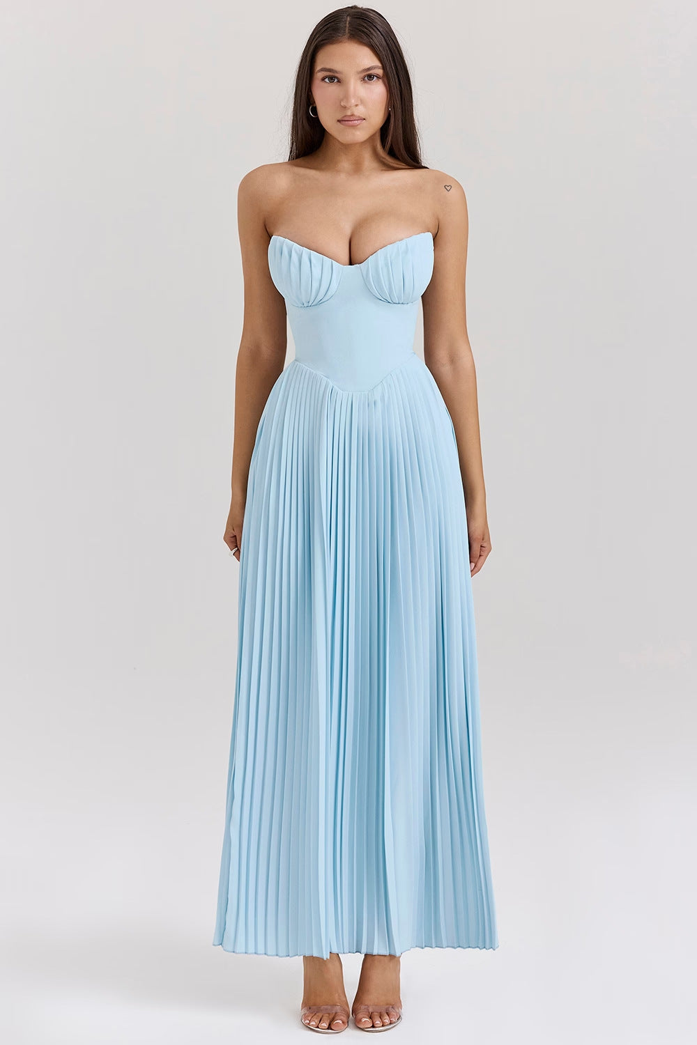Aura Elegant Sleeveless Tube Top Maxi Dress - High Waist Pleated Summer Dress