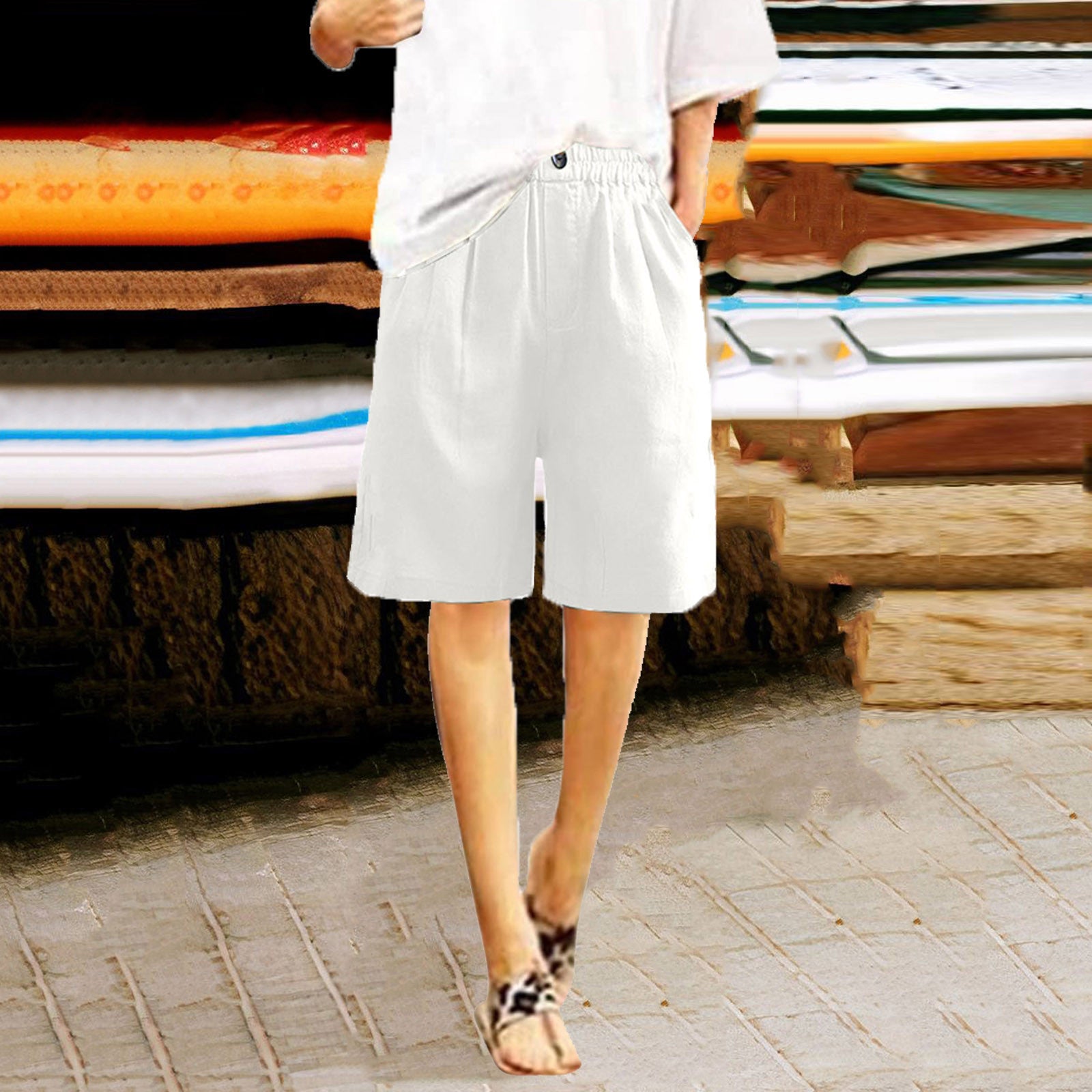 Womens Cotton Linen High Waist Shorts