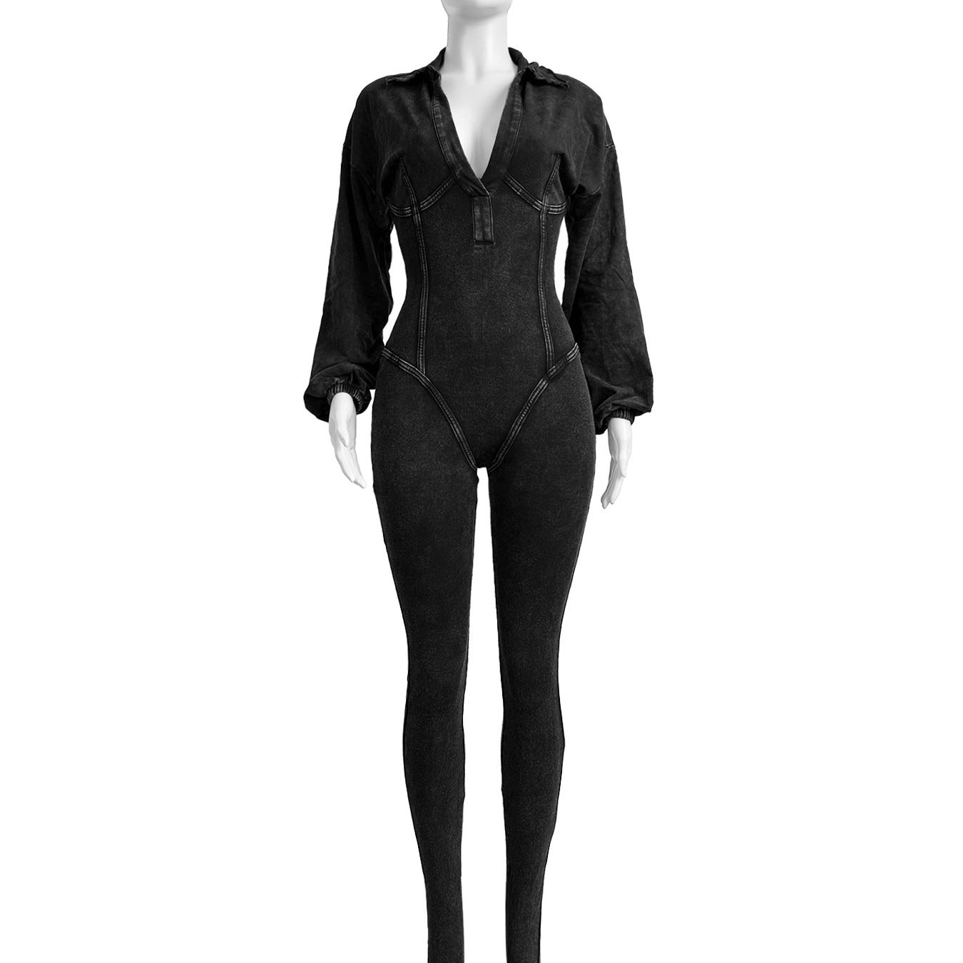 Women's Clothing Washed and Distressed Sexy Deep V Tight Long-Sleeved Autumn and Winter Jumpsuit