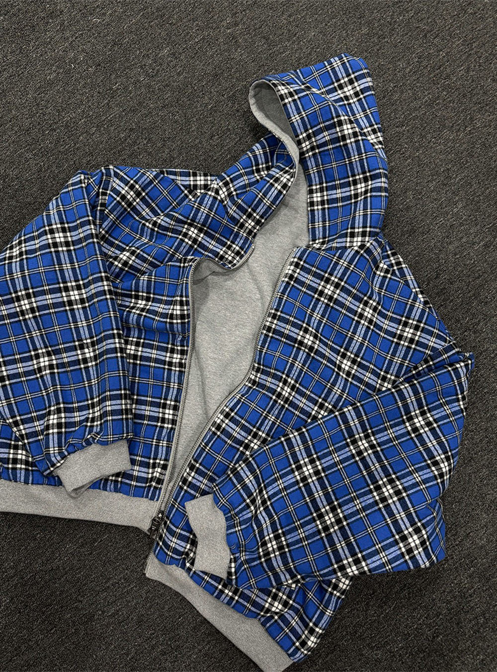 Hooded zip-up plaid patchwork reversible sweatshirt