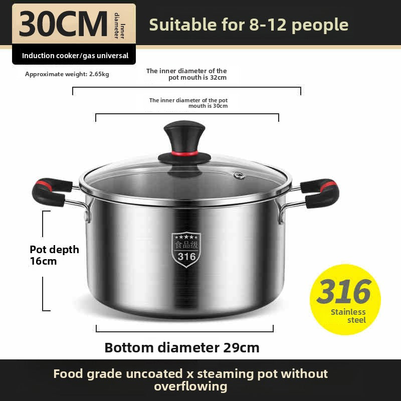 Premium 316 Stainless Steel Stock Pot With Glass Lid | Induction & Gas Compatible Deep Soup Cooker | Thickened Multi-Size Cooking Pot