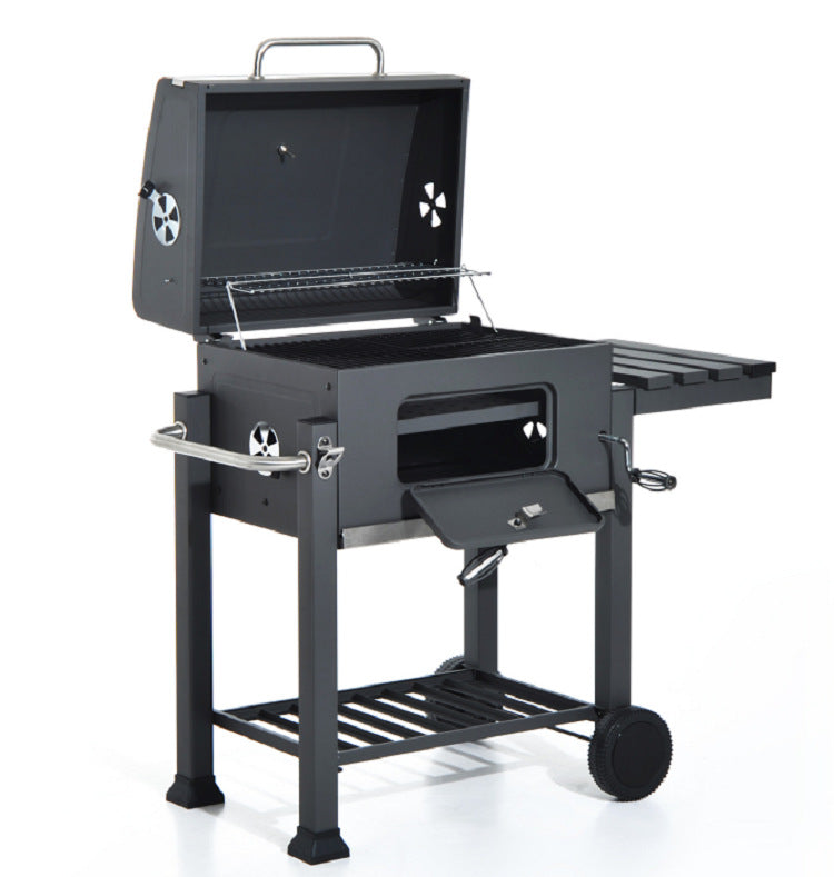 Heavy-Duty Charcoal Barbecue Grill With Lid | Large Outdoor Courtyard BBQ Smoker| Power-Coated Steel Garden Grill With Side Shelves
