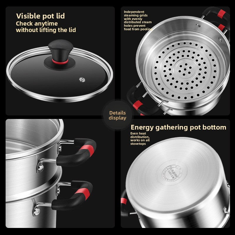 Premium 316 Stainless Steel Stock Pot With Glass Lid | Induction & Gas Compatible Deep Soup Cooker | Thickened Multi-Size Cooking Pot
