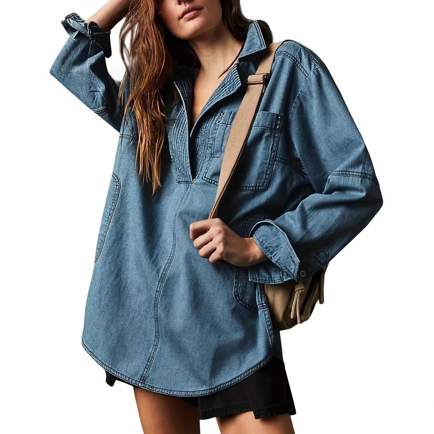 Sutton Oversized Denim Pullover Shacket- Loose Fit V-Neck Jean Shirt