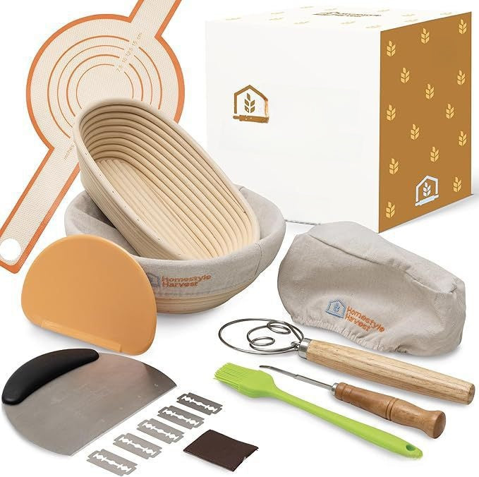 Artisan Sourdough Bread Proofing Basket Set - Natural Rattan Banneton Basket Kit with Dough Whisk, Scoring Lame, Bench Scraper & Liners (Round/Oval)