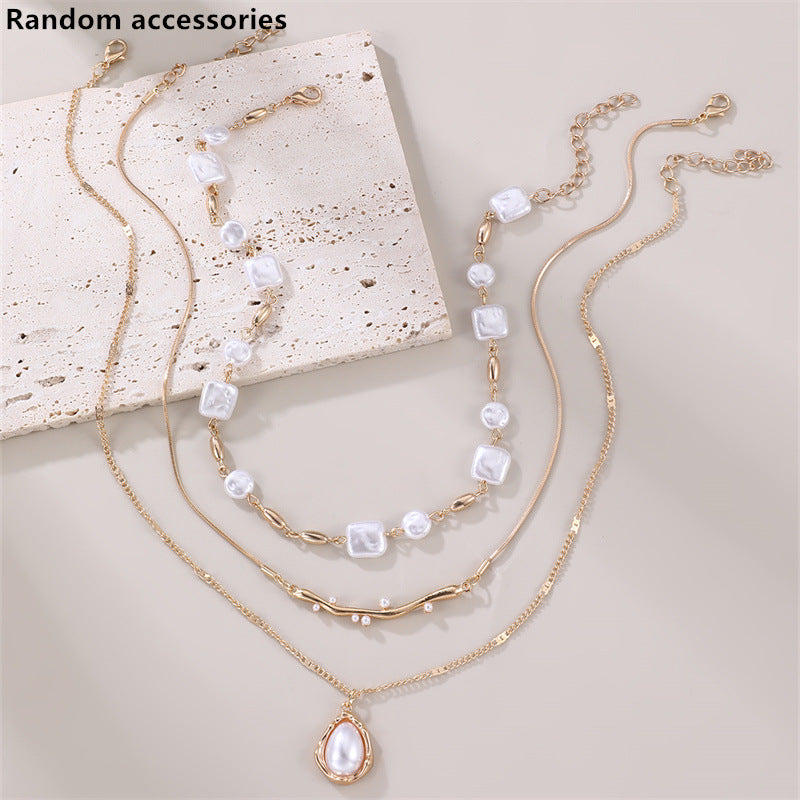 Geometric Pearl Layered Chain Necklace