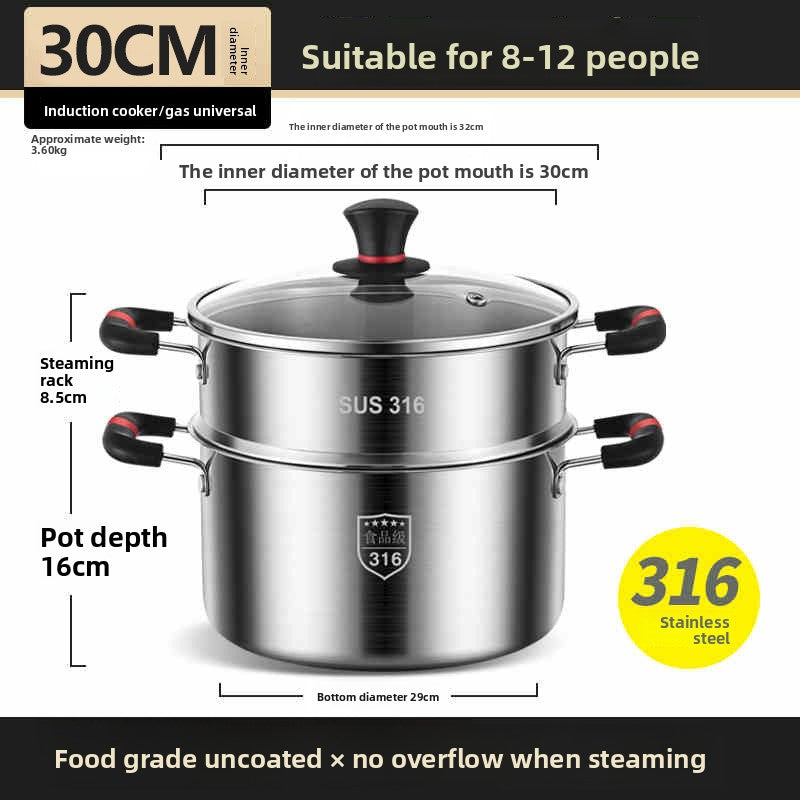 Premium 316 Stainless Steel Stock Pot With Glass Lid | Induction & Gas Compatible Deep Soup Cooker | Thickened Multi-Size Cooking Pot