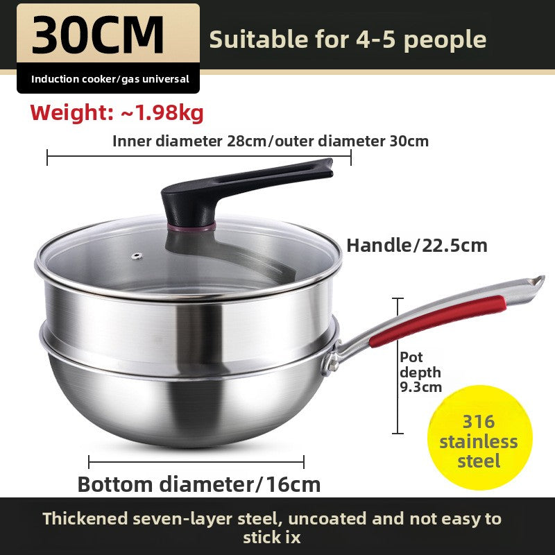 Premiun 316 Stainless Steel Cooking Wok | Multi-Layer Composite Base Stir-Fry Pan | Heavy-Duty 2kg Food-Grade Woke with Steamer Capability
